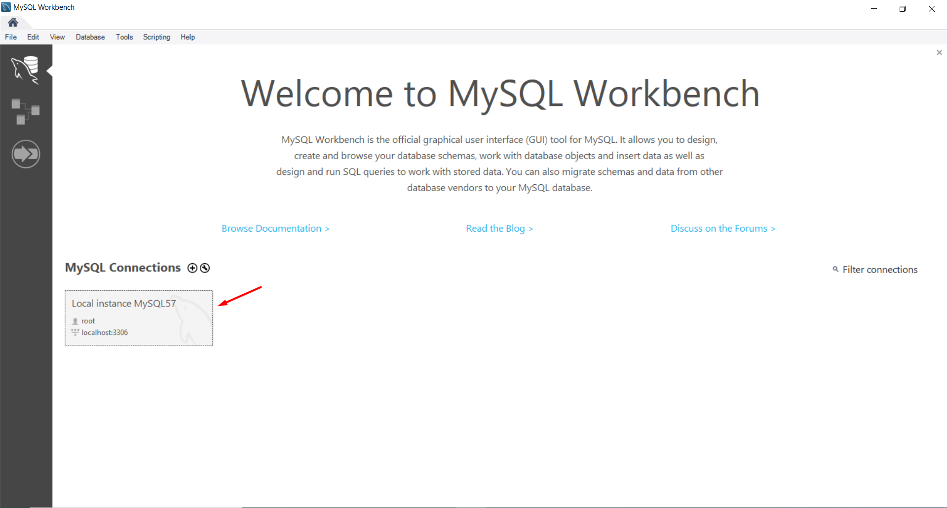 MySQL Workbench home page